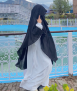 Front-Open Khimar 3-Piece Set – Elegant Black Georgette Modest Wear