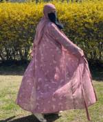 Printed Pink 4-Piece Abaya Set – Premium Georgette Shrug with Inner, Belt & Hijab - Image 2