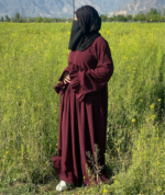 Frilled Flare Abaya – Elegant Maroon Modest Wear - Image 3