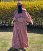Printed Pink 4-Piece Abaya Set – Premium Georgette Shrug with Inner, Belt & Hijab