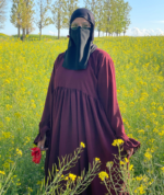 Frilled Flare Abaya – Elegant Maroon Modest Wear - Image 2