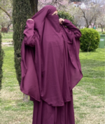 2-Piece Abaya Set with Long Khimar – Elegant Wine Modest Wear