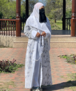Printed White 4-Piece Abaya Set – Premium Georgette Shrug with Inner, Belt & Hijab