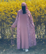 Printed Pink 4-Piece Abaya Set – Premium Georgette Shrug with Inner, Belt & Hijab - Image 3
