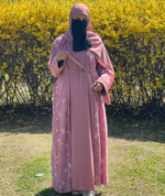 Printed Pink 4-Piece Abaya Set – Premium Georgette Shrug with Inner, Belt & Hijab - Image 4