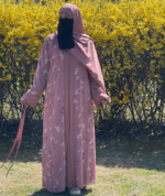 Printed Pink 4-Piece Abaya Set – Premium Georgette Shrug with Inner, Belt & Hijab - Image 5