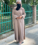 Beige Floral Embroidered Nida Abaya with Hijab & Belt