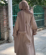 Beige Floral Embroidered Nida Abaya with Hijab & Belt - Image 2