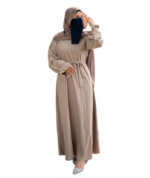 Beige Floral Embroidered Nida Abaya with Hijab & Belt - Image 3