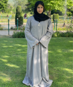 Taupe Grey Hand Embroidered Abaya with Hijab | Premium TikTok Fabric - Image 2
