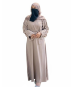 Beige Floral Embroidered Nida Abaya with Hijab & Belt - Image 4