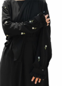 Black Floral Embroidered Nida Abaya with Hijab & Belt - Image 3