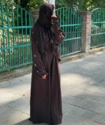 Wine Floral Embroidered Nida Abaya with Hijab & Belt - Image 2