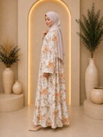 FLORAL SATIN ABAYA  (IVORY PEACH FLORAL) - Image 2