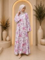 FLORAL SATIN ABAYA  (IVORY LILAC FLORAL)