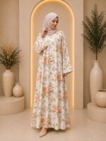 FLORAL SATIN ABAYA  (IVORY PEACH FLORAL)