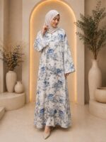 FLORAL SATIN ABAYA  (IVORY BLUE FLORAL)