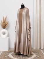 double brown white   4-Piece Abaya Set – Premium  Shrug with Inner, nosepiece & Hijab - Image 3