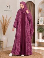 korean 3-Piece wine  printed Abaya Set – Shrug with Inner & Hijab