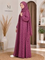 korean 3-Piece wine  printed Abaya Set – Shrug with Inner & Hijab - Image 3