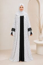 Noor Modesty Women’s Polka Dot Printed Abaya with Matching Hijab, Black Inner Dress, Lace Work Sleeves - Image 3