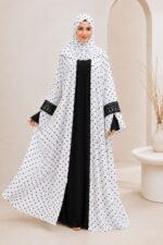 Noor Modesty Women’s Polka Dot Printed Abaya with Matching Hijab, Black Inner Dress, Lace Work Sleeves