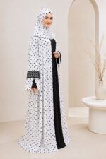 Noor Modesty Women’s Polka Dot Printed Abaya with Matching Hijab, Black Inner Dress, Lace Work Sleeves - Image 4