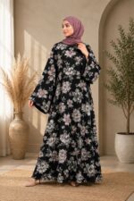FLORAL SATIN ABAYA  (black floral)