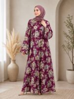 FLORAL SATIN ABAYA  (WINE FLORAL)