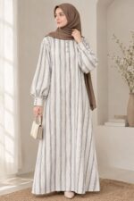 Noor Modesty Premium Linen Thread Work A-Line Abaya for Women | Elegant Blue Embroidered Abaya with Loose Bell Sleeves & 2 Side Pockets | Full Length Modest Islamic Dress for Daily Wear, Office, Travel & Special Occasions