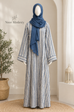 Noor Modesty Premium Linen Thread Work A-Line Abaya for Women | Elegant Blue Embroidered Abaya with Loose Bell Sleeves & 2 Side Pockets | Full Length Modest Islamic Dress for Daily Wear, Office, Travel & Special Occasions