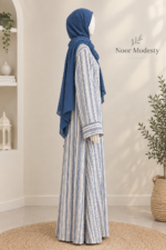Noor Modesty Premium Linen Thread Work A-Line Abaya for Women | Elegant Blue Embroidered Abaya with Loose Bell Sleeves & 2 Side Pockets | Full Length Modest Islamic Dress for Daily Wear, Office, Travel & Special Occasions - Image 3